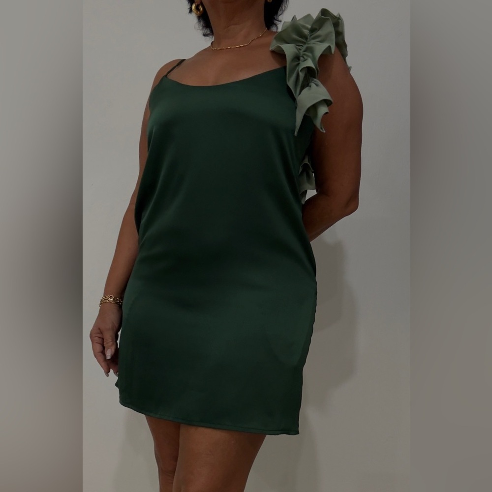 Women’s Green Mini Dress Pamela NG One Shoulder Ruffle Size L